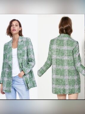 Zara Green and White Plaid Tweed Blazer